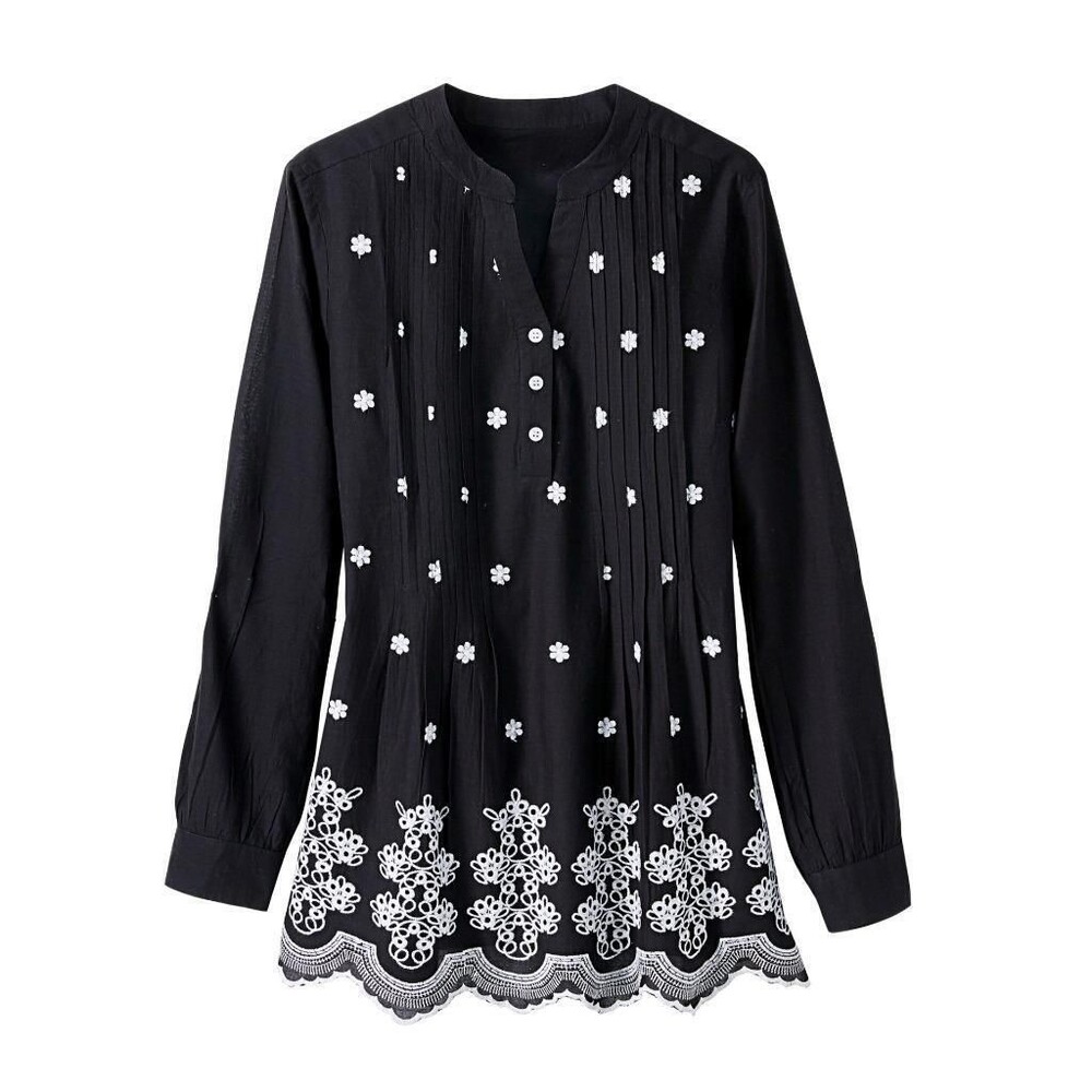 NEW Casual or Dress Sz Large Black Embroidered Cotton Pintuck Tunic Shirt